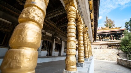 Fototapeta premium Majestic Buddhist Temple Architecture with Golden Pillars Surrounded by Nature and Blue Sky : Generative AI