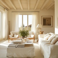 Fototapeta premium Sunlit Tuscan villa living room, serene interior design, books, calm background, home decor