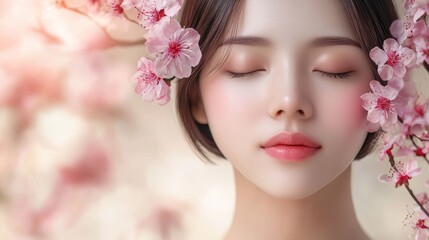 Serene woman, cherry blossoms, spring, peaceful, beauty, skincare, portrait, advertising