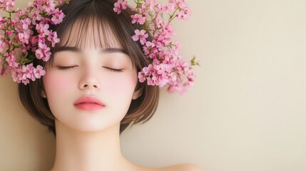 Serene woman, pink blossoms, studio backdrop, beauty ad