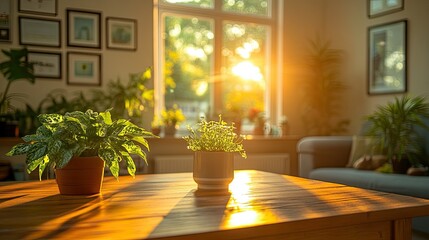 Sunlit Living Room Plants In Pots On Wooden Table