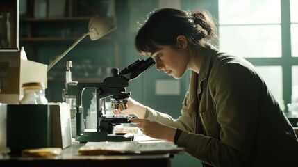Scientist using microscope in lab, research, botany, sunlight