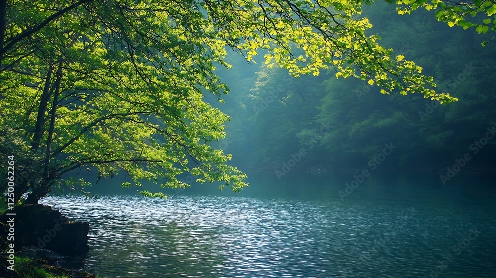 Aufkleber serene lake surrounded by lush green trees and misty mountains creating a peaceful atmosphere : gene