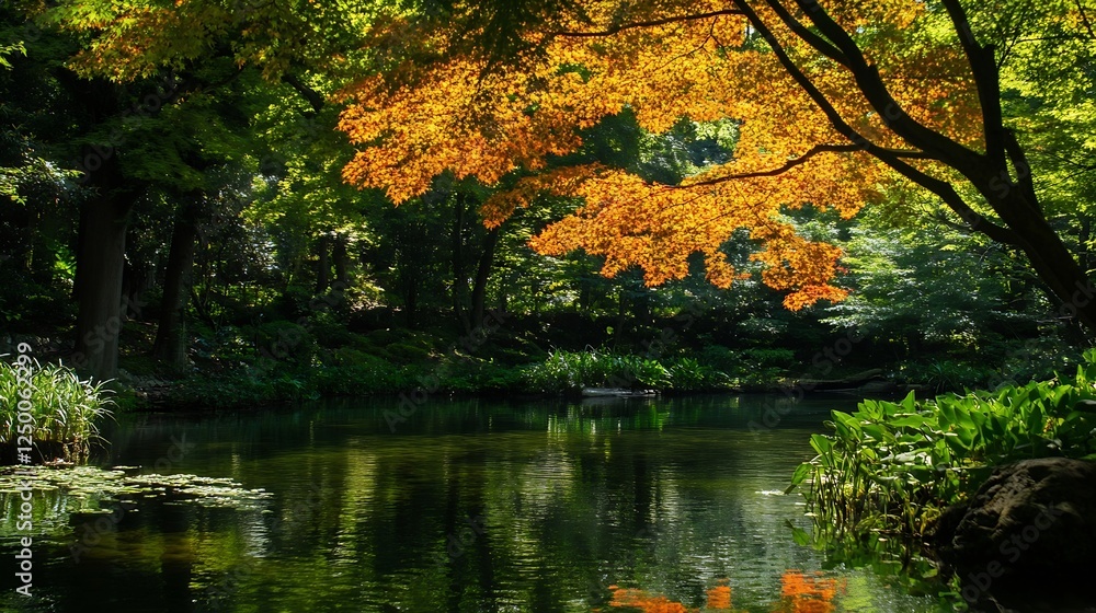 Aufkleber Vibrant Autumn Scene of Colorful Trees Reflecting in a Calm Tranquil Lake : Generative AI