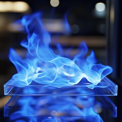 Blue flames dancing on glass tabletop, modern interior, bokeh background, fireplace design