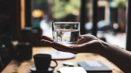 Hand holding water glass, cafe background, hydration, healthy