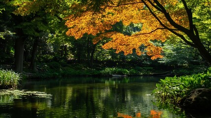 Fototapeta premium Vibrant Autumn Scene of Colorful Trees Reflecting in a Calm Tranquil Lake : Generative AI