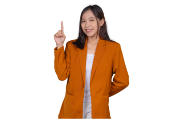 Portrait of Young Businesswoman Pointing Up Isolated Transparent