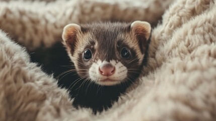 Cozy ferret peeking from blanket, indoor setting, soft focus background, pet website use