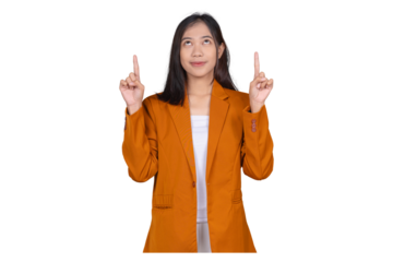 Portrait of Young Businesswoman Pointing Up Isolated Transparent