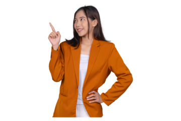 Portrait of Young Businesswoman Pointing Up Isolated Transparent