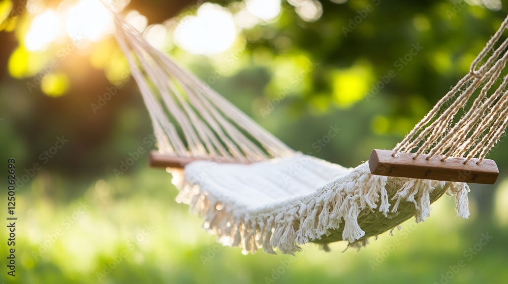 Poster cozy hammock in sunlit garden surrounded by greenery and bokeh lights : generative ai