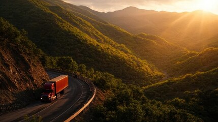 Fototapeta premium A red truck navigates a winding mountain road during sunset, surrounded by lush greenery and distant hills.