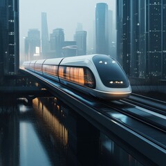 Fototapeta premium Futuristic train speeds through city, dawn, water reflection, urban transport