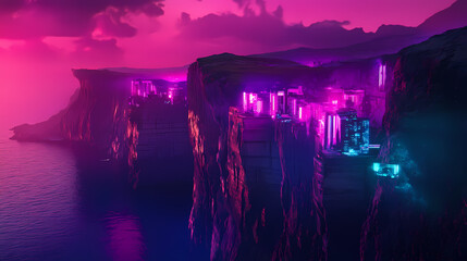A cyberpunk reimagining of the azores, with neon-lit cliffs and futuristic floating cities above volcanic landscapes. Emotion-Driven Landscapes. Illustration