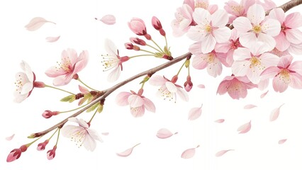 Delicate Pink Cherry Blossom Branch Spring Flowers Falling Petals Nature Background