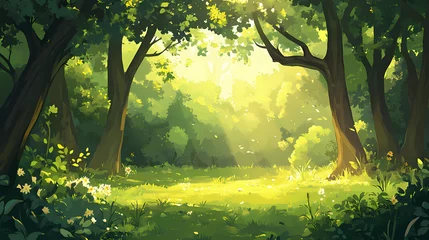 Fotobehang A photostock of lush green forest landscapes with scattered trees and soft sunlight, symbolizing nature's tranquility. high quality. Emotion-Driven Landscapes. Illustration © Thiago