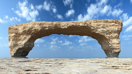Majestic natural rock arch formation under a bright blue sky with fluffy white clouds