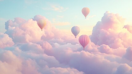Fototapeta premium Pastel hot air balloons soar through dreamy sunset cloudscape
