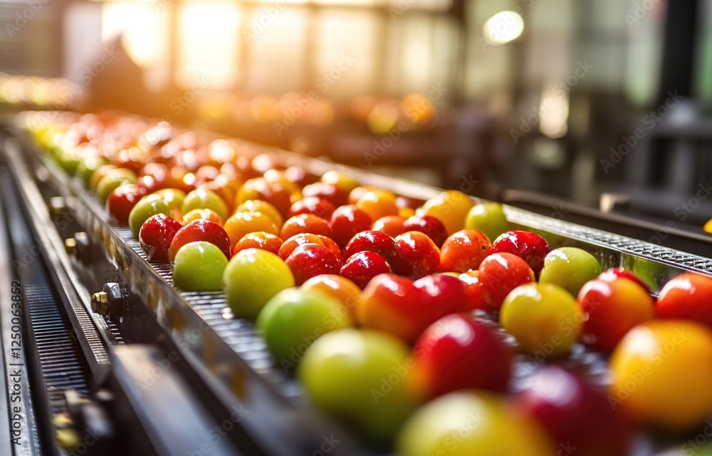 Poster shiny fruits conveyors belts processing system: automated sorting and quality control of red, yellow