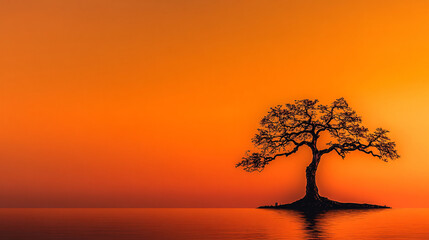Fototapeta premium lone tree stands tall against vibrant orange sunset, reflecting beautifully in calm water. serene atmosphere evokes sense of peace and solitude