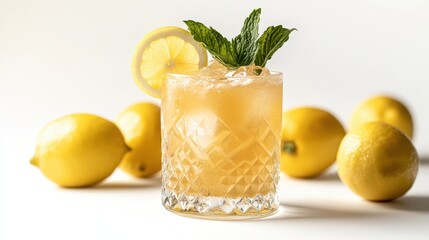 Fototapeta premium A chilled glass of lemon iced beverage, decorated with mint sprigs and a slice of lemon, with whole lemons arranged nearby on a white background