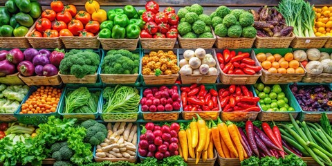 Fototapeta premium Colorful medley of assorted vegetables arranged artfully on a supermarket shelf, showcasing vibrant hues and textures , Fruit and Veggie, Assorted Vegetables