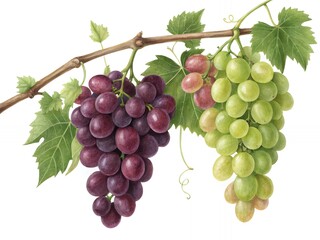 Fototapeta premium Lush Red Green Grapes on Vine Watercolor Painting Fresh Fruit