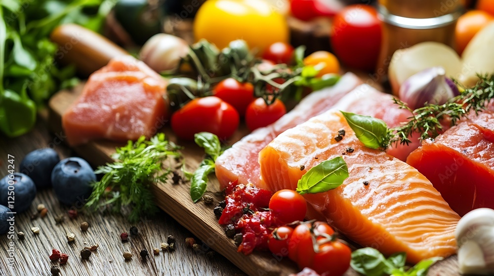 Poster freshly prepared healthy meal with colorful ingredients on rustic wooden table : generative ai