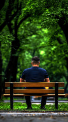 Fototapeta premium A solitary figure sits on a bench surrounded by lush greenery, reflecting in a serene park, embodying peaceful solitude and the beauty of nature’s embrace.