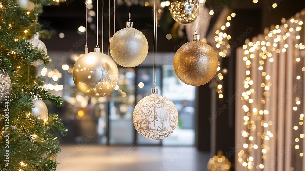 Aufkleber beautiful christmas ornaments hanging on a tree with glowing lights in background : generative ai