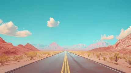 Selbstklebende Fototapeten A stunning highway stretching into the horizon, surrounded by desert landscapes under a bright blue sky. Emotion-Driven Landscapes. Illustration © Thiago