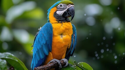 A vibrant blue and yellow macaw perched on a branch amidst a lush, green environment.