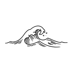a black and white drawing of an ocean wave in line art style