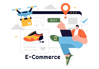 E-commerce Business Illustration featuring the Process of Online Buying and Selling Transactions, Promotional Offers, Ratings, and Customer Feedback