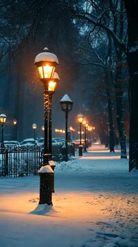 Snowy evening stroll through a well-lit park in winter with snow-covered paths and glowing street lamps