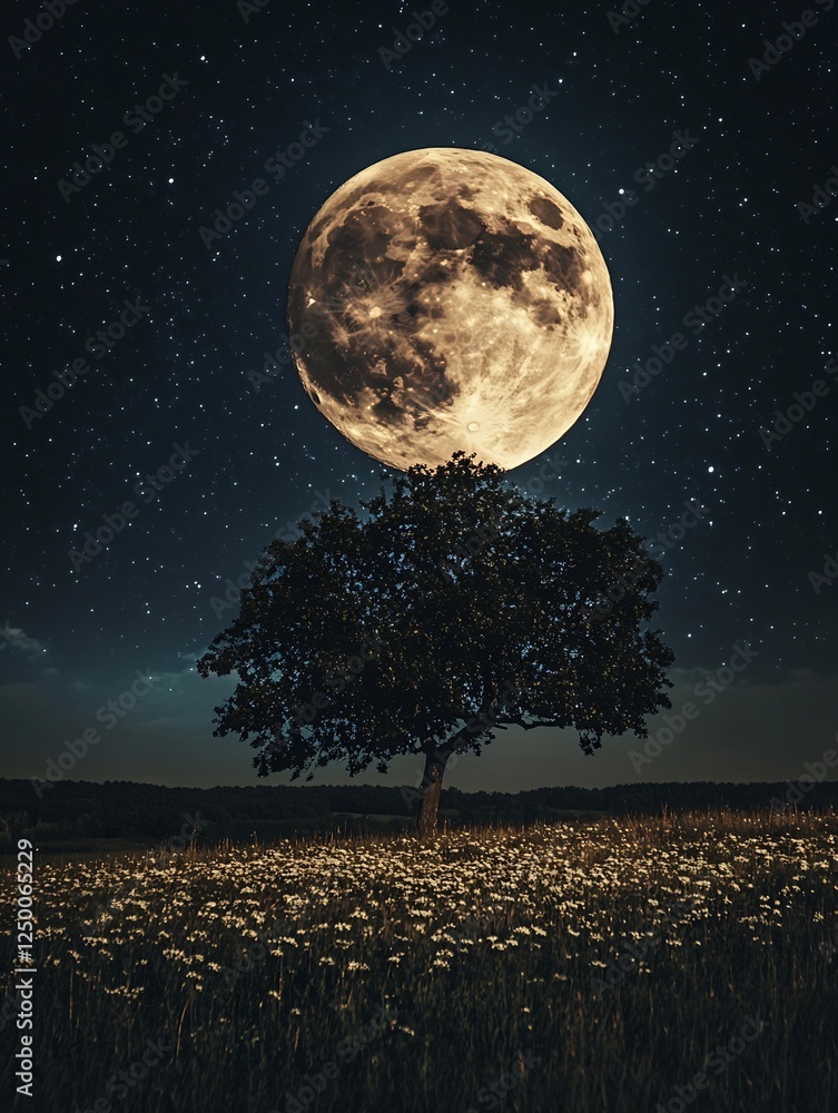 Aufkleber majestic full moon shining over a serene tree and flower field under a starry night sky : generative
