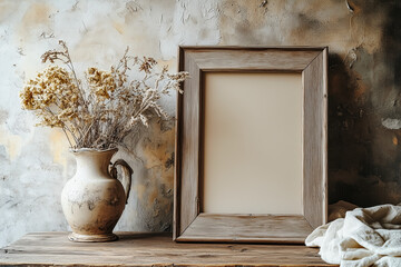 Mockup of a wooden frame in a rustic farmhouse setting, a textured aged wall, surrounded by vintage decor, including wooden table, ceramic vase with dried flowers and soft linen fabric