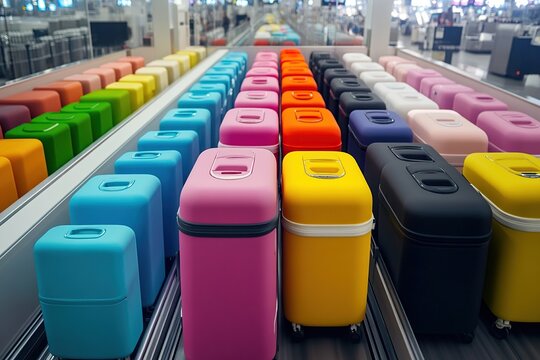 Colorful Suitcases Conveyors: Travel Bags on a Moving Belt System, Efficiently Transporting Luggage