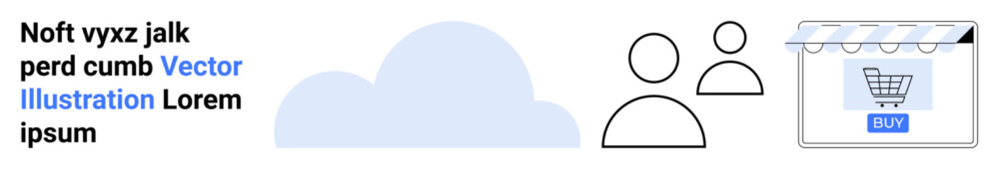 Cloud graphic, two user icons, and an online storefront with a shopping cart button highlight digital commerce. Ideal for technology, online shopping, e-commerce, user interaction, cloud computing