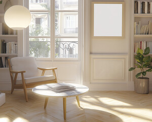 Fototapeta premium White picture frames on the floor, leaning against each other. One is thin and tall, in a modern living room with light wood floors. A round white marble coffee table sits in front of an armchair, 
