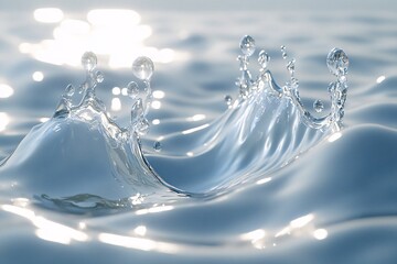 Water droplets create a crown shaped splash in calm water