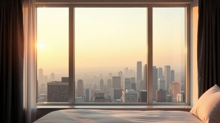Serene sunrise cityscape view from a bedroom window with soft light illuminating the bedding