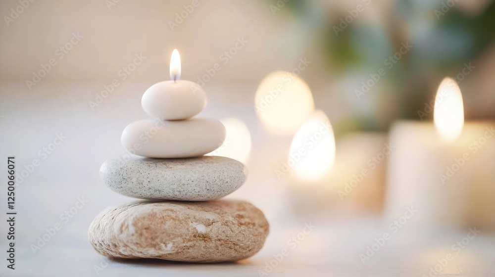Poster calm meditation stones stacked with lit candle on soft background for relaxation and wellness : gene