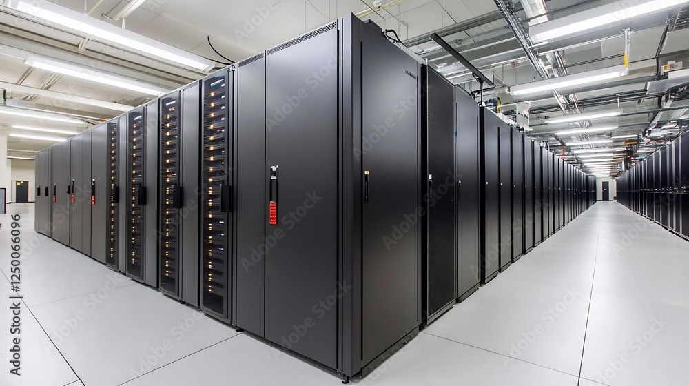 Poster Modern Data Center Infrastructure with Server Racks and Networking Equipment in High Tech Facility : Generative AI