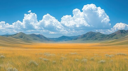 Fototapeta premium Expansive golden grassland under a bright blue sky with fluffy clouds and distant mountains