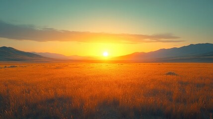Fototapeta premium Golden sunset over a vast field with distant mountains under a clear sky, serene and tranquil