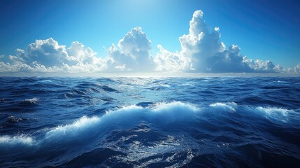 Fototapeta premium Serene Ocean Waves Under Bright Blue Sky with Fluffy Clouds and Sunlight Reflections
