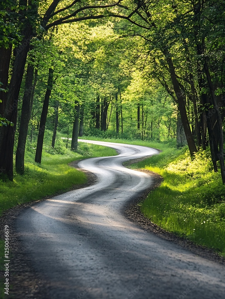 Poster Serene Winding Road through Lush Green Forest with Sunlight Filtering through the Trees : Generative AI