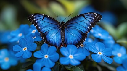 A vibrant blue butterfly perched on bright blue flowers, showcasing nature's beauty.